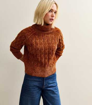 Tan Chenille Cable Knit Roll Neck Jumper