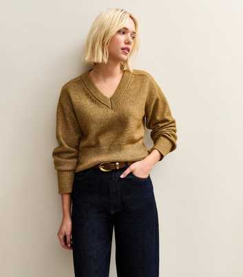Light Khaki Cropped V-Neck Knitted Jumper