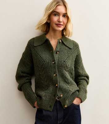 Light Khaki Cable Knit Collared Cardigan