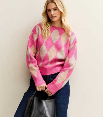 Pink Embellished Argyle Knit Jumper