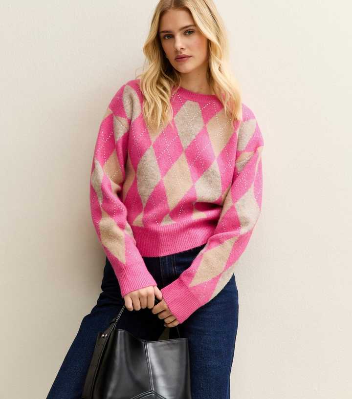 Pink Embellished Argyle Knit Jumper