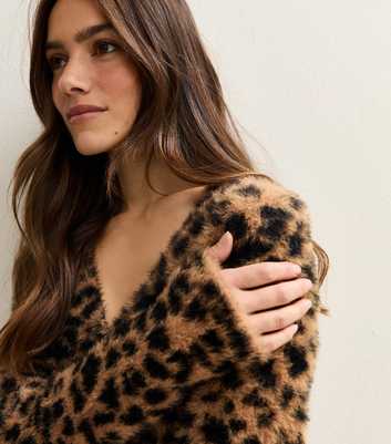 Petite Brown Fluffy Leopard Pattern Cardigan