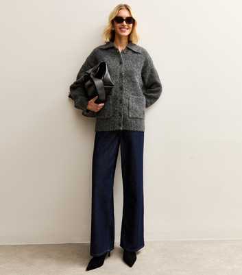 Grey Spread Collar Knitted Patch Pocket Cardigan