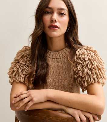 Petite Camel Loopy Sleeve Knitted T-Shirt