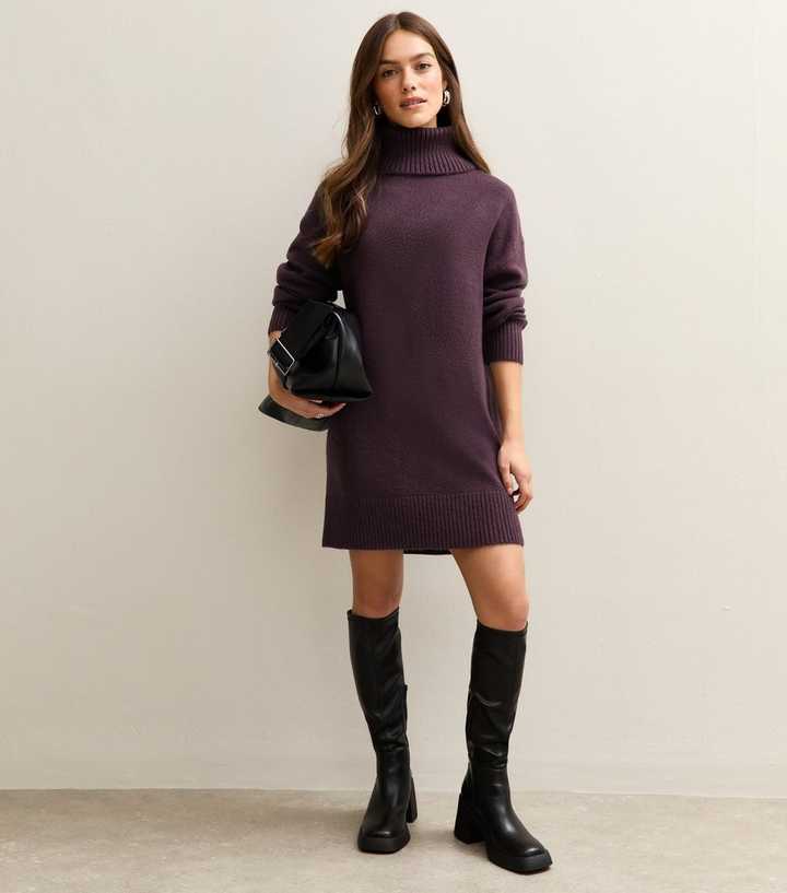 Petite Dark Purple Roll Neck Mini Dress