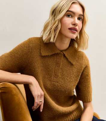 Tan Textured Knit Polo Collar Top