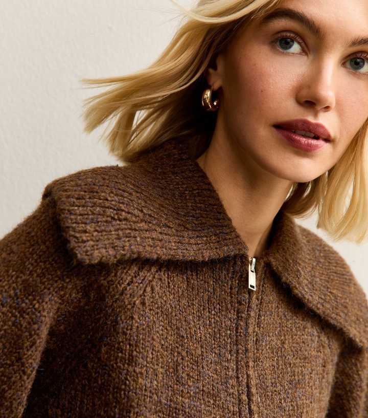 Dark Brown Oversized Collar Zip Through Cardigan