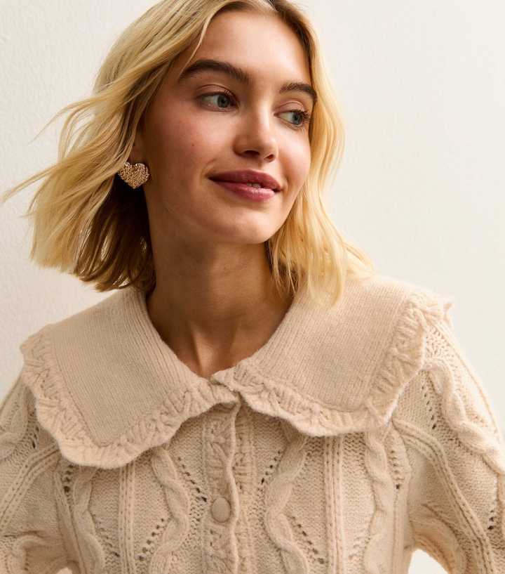 Cream Cable Knit Collared Cardigan