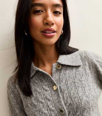 Petite Mid Grey Collared Cable Knit Cardigan