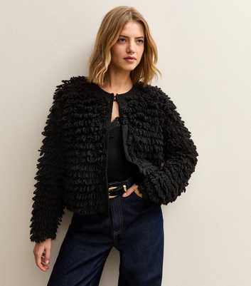 Black Textured Weave Knit Long Sleeve Cardigan