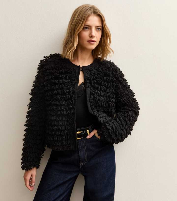 Black Textured Weave Knit Long Sleeve Cardigan