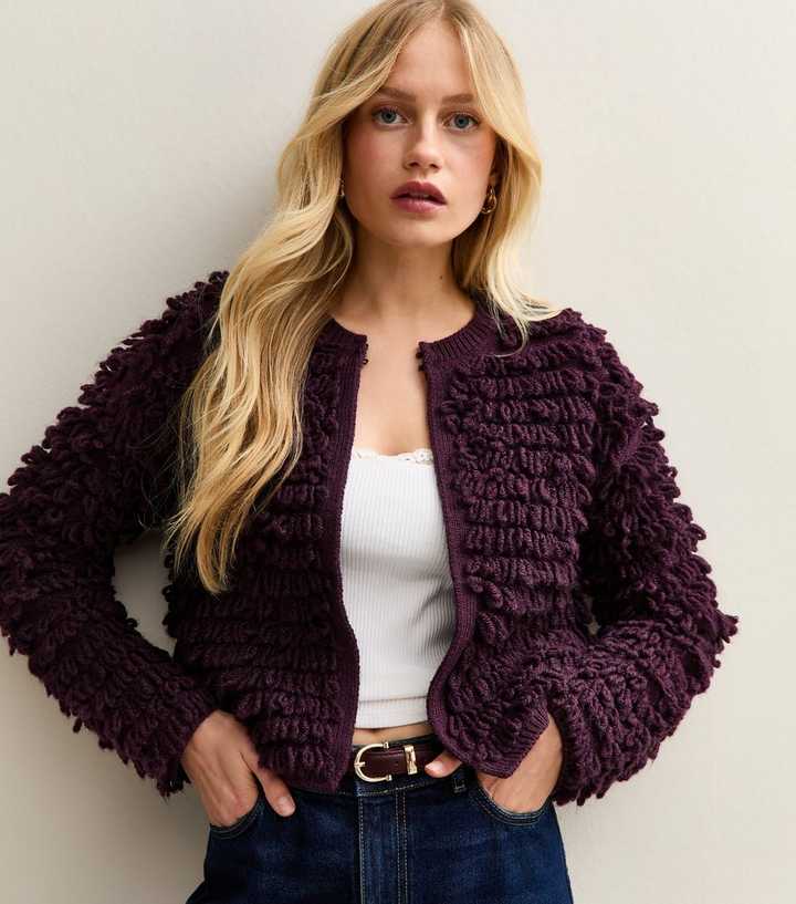 Purple Textured Weave Knit Long Sleeve Cardigan