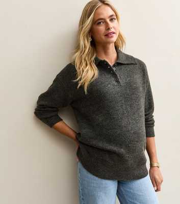 Maternity Dark Grey Midweight Knit Longline Polo Jumper