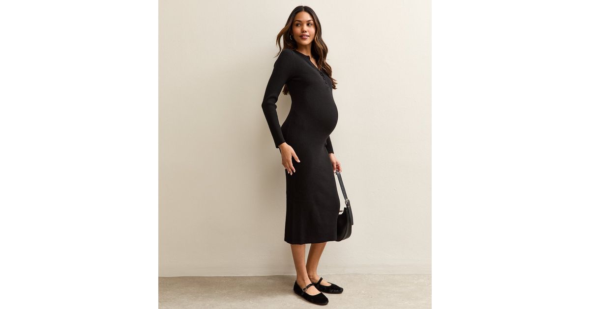 maternity long sleeve henley midi dress White Henley Ribbed Maternity Midi Sweater Dress