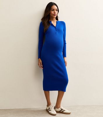 Maternity Bright Blue Ribbed Henley Midi Dress | New Look