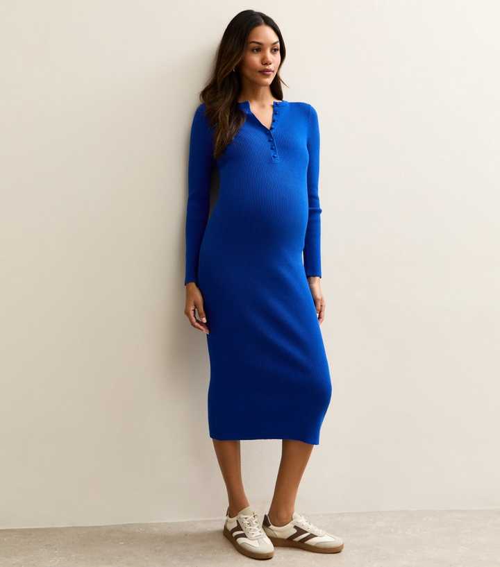 Maternity Bright Blue Ribbed Henley Midi Dress