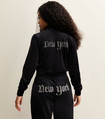 Girls Black Velour Diamante Embellished New York Zip Up Top | New Look