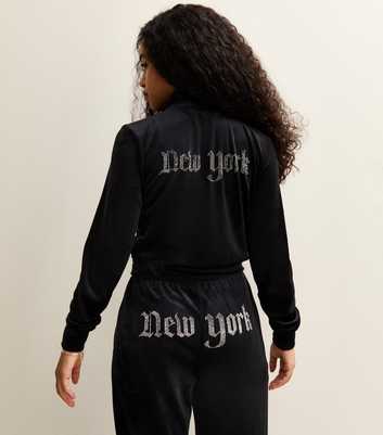 Girls Black Velour Diamante Embellished New York Zip Up Top