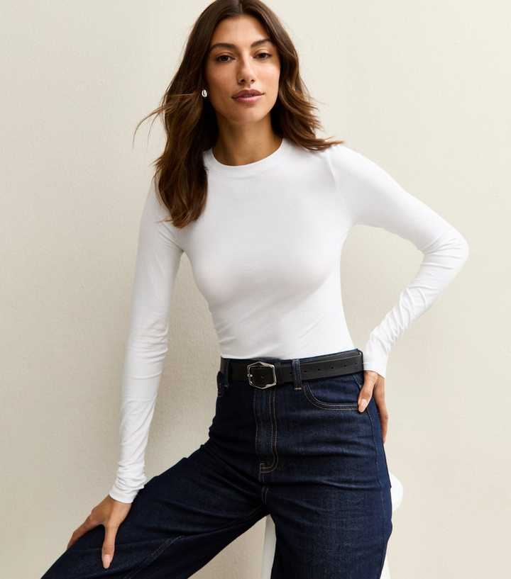 Tall White Stretchy Cotton Crew Neck Long Sleeve Bodysuit