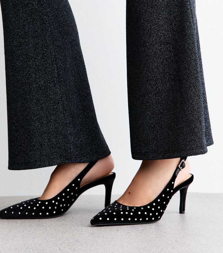 Black Velvet Diamanté Slingback Court Shoes