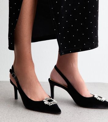 Black Velvet Slingback Diamante Court Shoes
