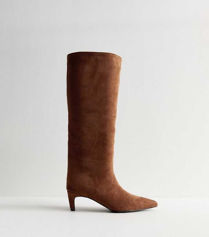 Slim Calf Fit Brown Faux Suede Knee High Boots