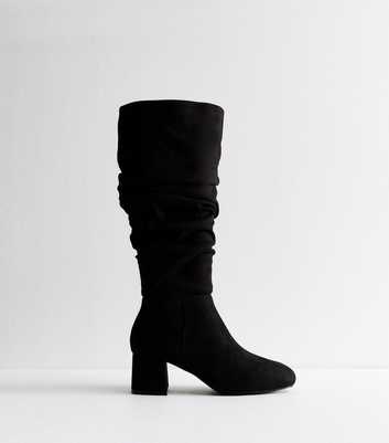 Wide Fit Black Faux Suede Ruched Boots