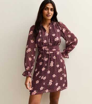 Purple Floral Print Chiffon Long Sleeve Mini Dress