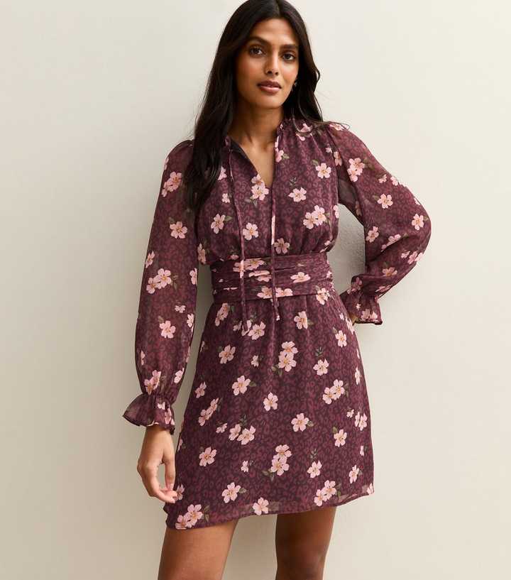 Purple Floral Print Chiffon Long Sleeve Mini Dress