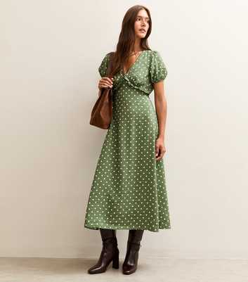 Green Spot Print Short Sleeve Midi Tea Dress