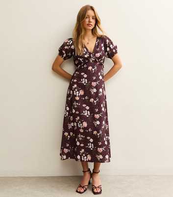 Brown Floral Short Sleeve V-Neck Midi Tea Dress