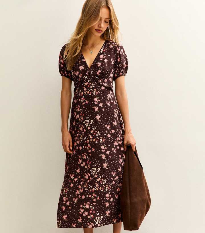Brown Floral Print Short Sleeve Tea Midi Dress