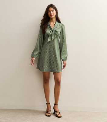 Green Polka Dot Pussybow Neck Satin Mini Dress