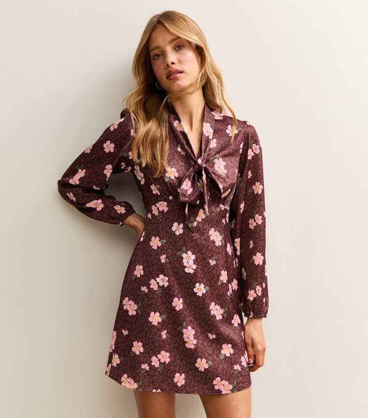 Burgundy Floral Neck Tie Mini Dress