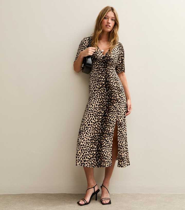 Brown Leopard Print Slit Hem Midi Dress