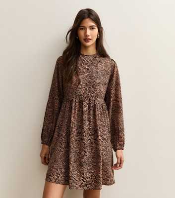 Brown Animal Print Long Sleeve Smock Mini Dress