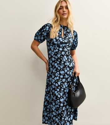 Blue Crepe Floral Print Keyhole Midi Dress