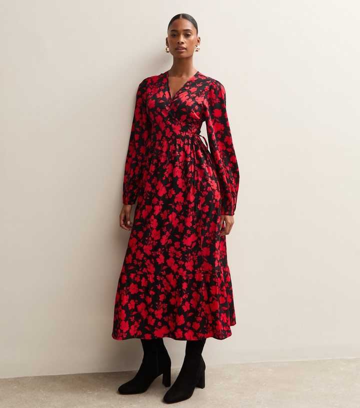Red Floral Long Sleeve Wrap Midi Dress | New Look Red Floral Long Sleeve Wrap Midi Dress | New Look