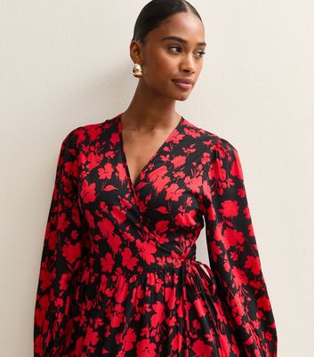 Red Floral Long Sleeve Wrap Midi Dress New Look