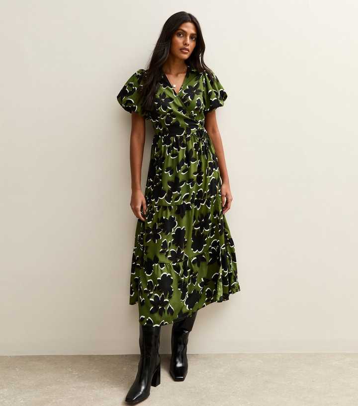 Green Floral Print Wrap Midi Dress