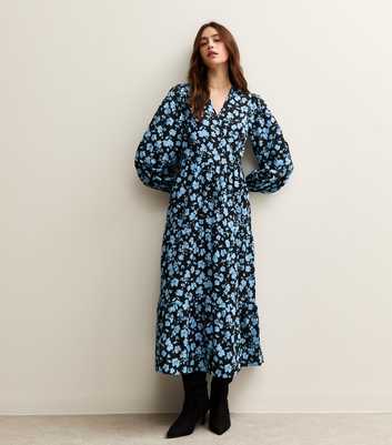 Black Floral Print Long Sleeve Wrap Midi Dress