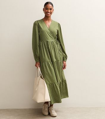 Green Polk Dot Long Sleeve Wrap Midi Dress | New Look