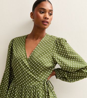 Green Polk Dot Long Sleeve Wrap Midi Dress | New Look