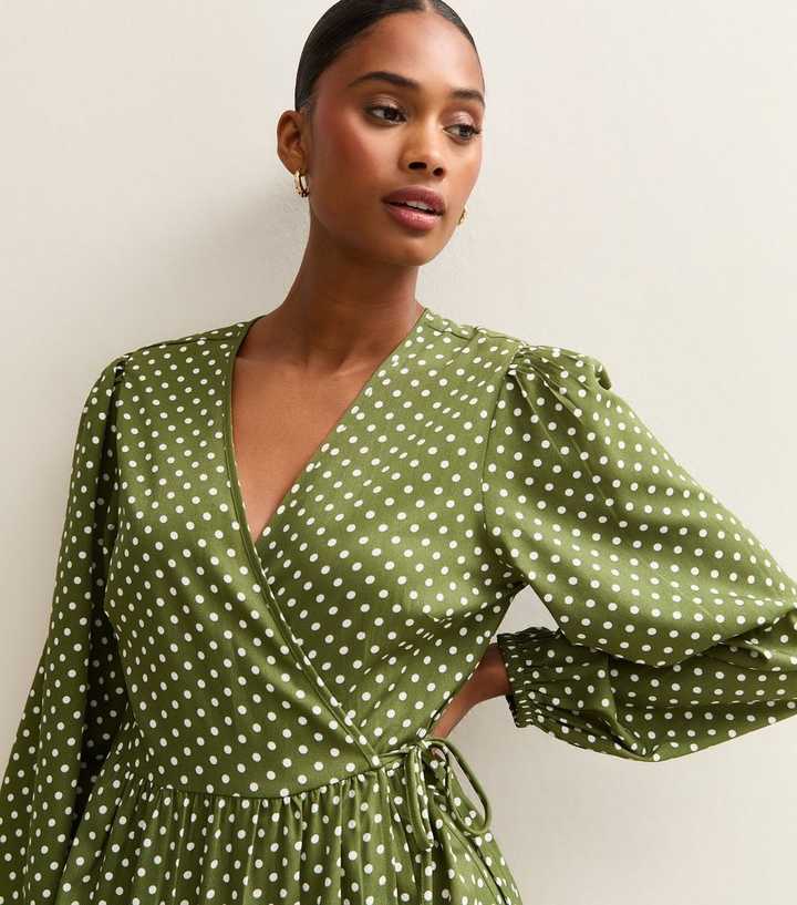 Green Polk Dot Long Sleeve Wrap Midi Dress | New Look Green Polk Dot Long Sleeve Wrap Midi Dress | New Look