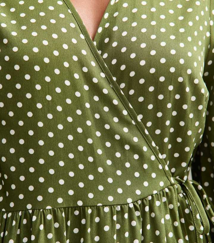 Green Polk Dot Long Sleeve Wrap Midi Dress | New Look