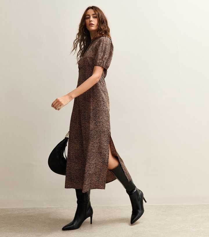Brown Animal Print Keyhole Midi Dress