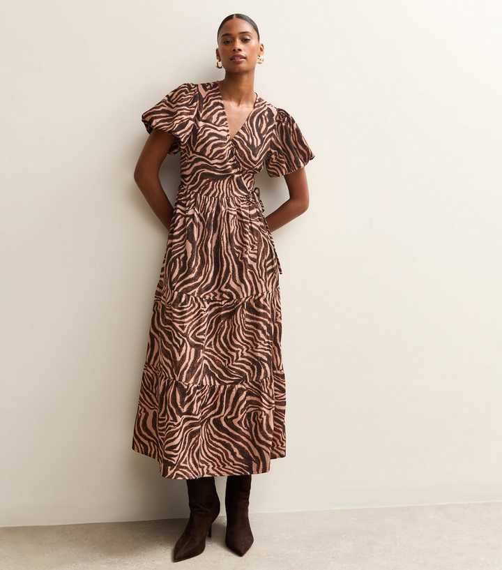 Brown Zebra Print Wrap Midi Dress