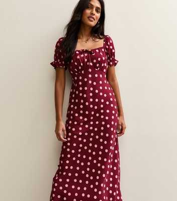 Red Crepe Spot Print Milkmaid Midi Dress