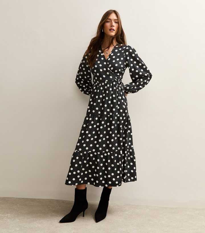 Black Crepe Polka Dot Long Sleeve Wrap Midi Dress | New Look