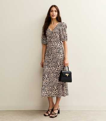 Brown Animal Print Bow Back Midi Dress